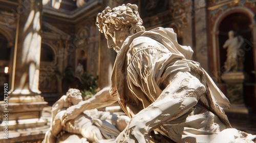 Classical Sculpture in Grand Interior Detailed Marble Statue Artistic Representation of Human