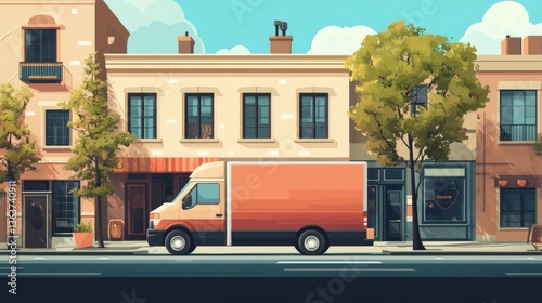 Orange delivery van parked on a sunny city street.