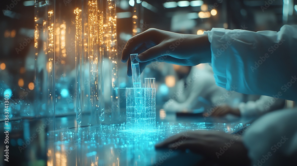 Fototapeta premium Scientist Using Pipette in Laboratory, A scientist wearing gloves uses a pipette to transfer liquid into test tubes in a laboratory setting