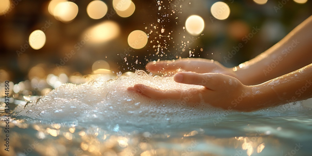 Delicate hands playing with effervescent bubbles creating a magical atmosphere Delicate hands playing with effervescent bubbles creating a magical atmosphere