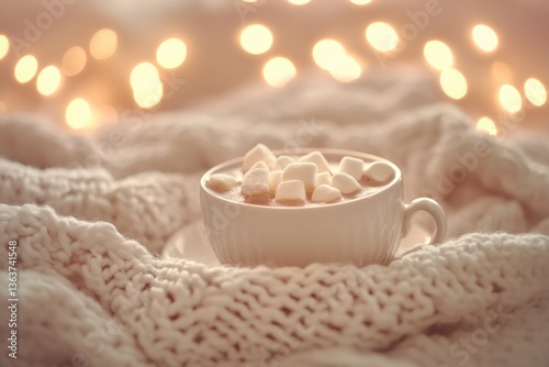 Wallpaper Mural Cozy cup of hot cocoa with marshmallows wrapped in knitted sweater beside soft-focus fairy lights and warm golden light in pastel tones Torontodigital.ca