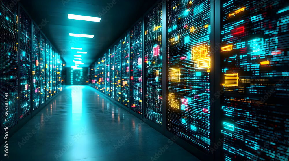 Futuristic Server Room Corridor With Glowing Panels Futuristic Server Room Corridor With Glowing Panels