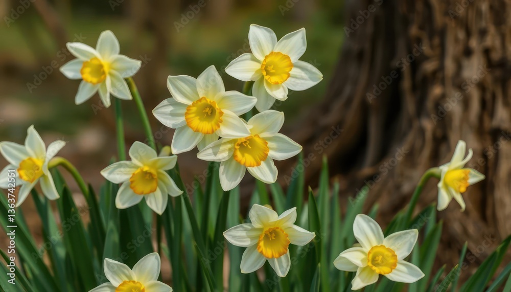 A cluster of daffodils with white petals and yellow centers, blooming near a tree trunk. A cluster of daffodils with white petals and yellow centers, blooming near a tree trunk.