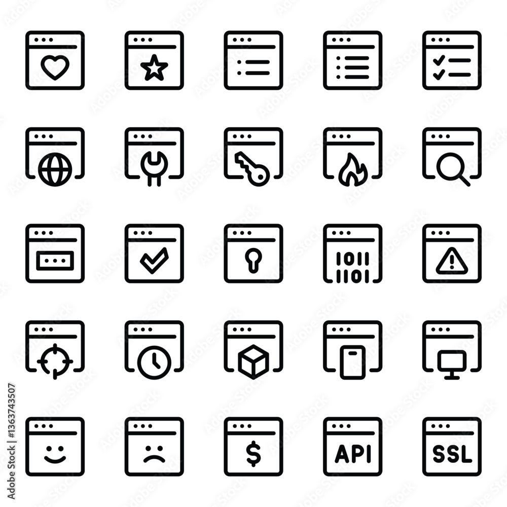 Outline icons set for Webpages, websites, browser, window. Outline icons set for Webpages, websites, browser, window.
