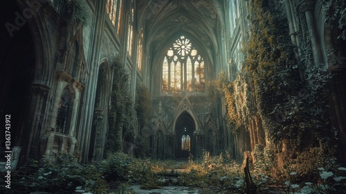 Wallpaper Mural Sunlight filters through stained glass in an abandoned cathedral overgrown with wildflowers Torontodigital.ca