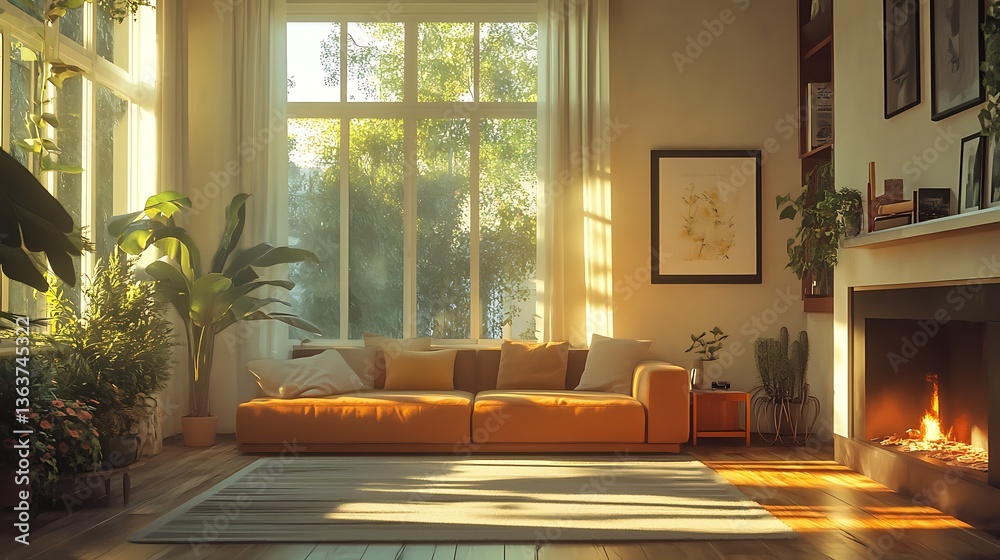 Fototapeta premium A sunlit living room with plants and a cozy fireplace