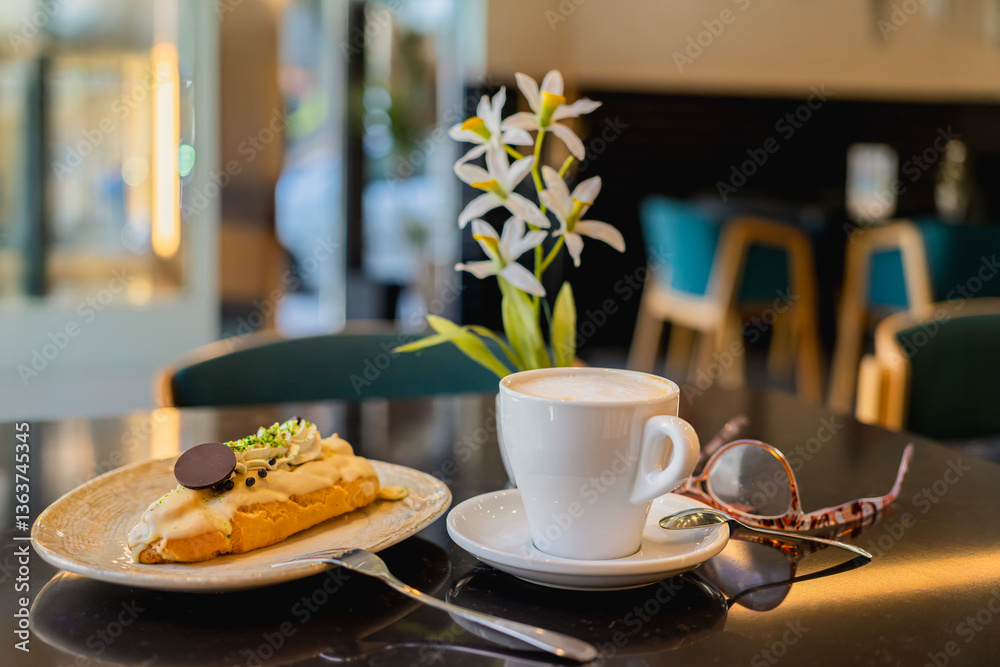 Cappuccino with creamy foam and elegant eclair on black cafe table with soft daylight. Concept of cozy lifestyle, delicious dessert break and calm morning in modern urban coffee shop Cappuccino with creamy foam and elegant eclair on black cafe table with soft daylight. Concept of cozy lifestyle, delicious dessert break and calm morning in modern urban coffee shop