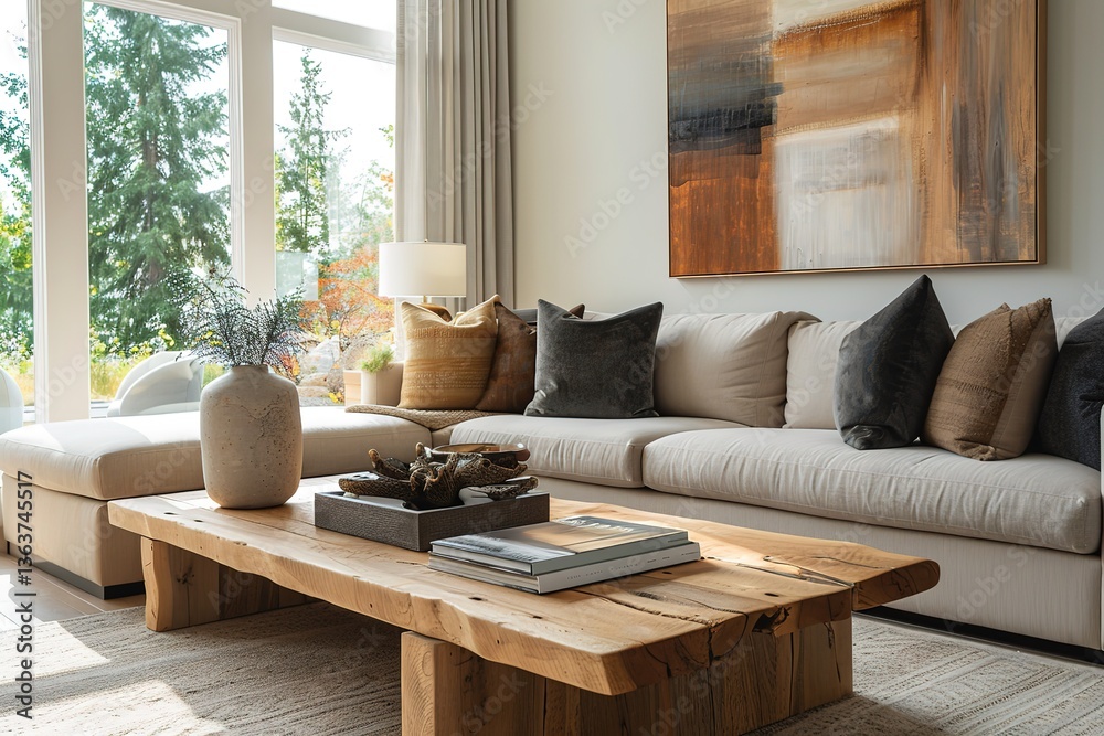 A modern minimalist living room with a low-profile sofa in neutral tones, a simple wooden coffee table, and a striking abstract painting on the wall, accente A modern minimalist living room with a low-profile sofa in neutral tones, a simple wooden coffee table, and a striking abstract painting on the wall, accente