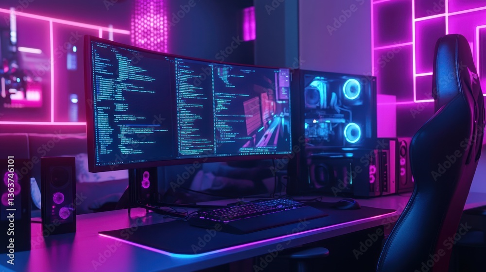 Neon-lit futuristic gaming and coding station with modern technology setup illuminated