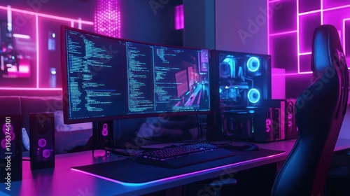 Obraz na płótnie Neon-lit futuristic gaming and coding station with modern technology setup illuminated w salonie