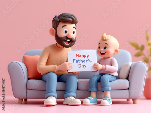Father's day 2025-2026-A heartwarming father and baby boy share a Happy Father's Day card on a cozy sofa, capturing pure paternal joy in a pastel 3D illustration.