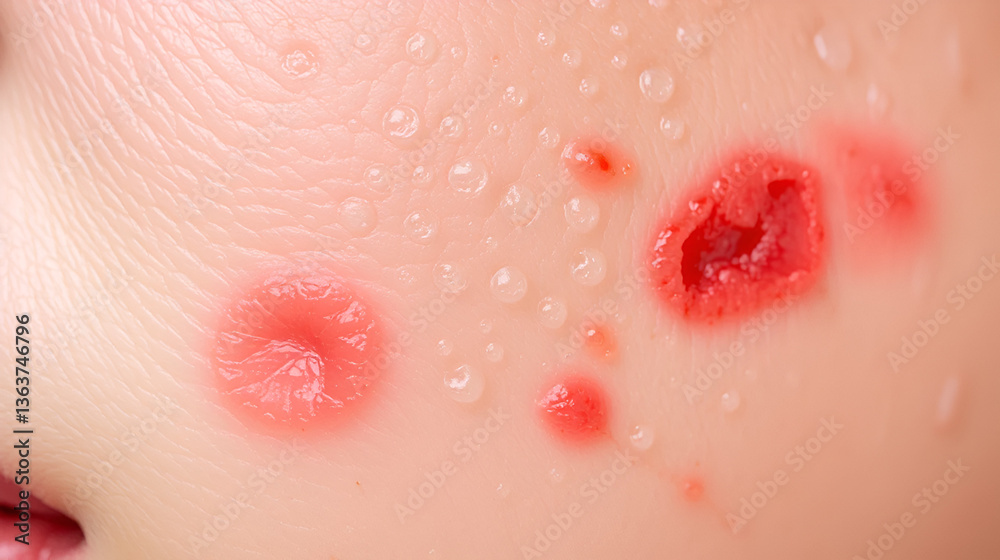 Fototapeta premium Skin texture, unhealthy with with enlarged pores and rosacea, red rashes. Allergic and redness. Environmental impact on sensitive skin concept.