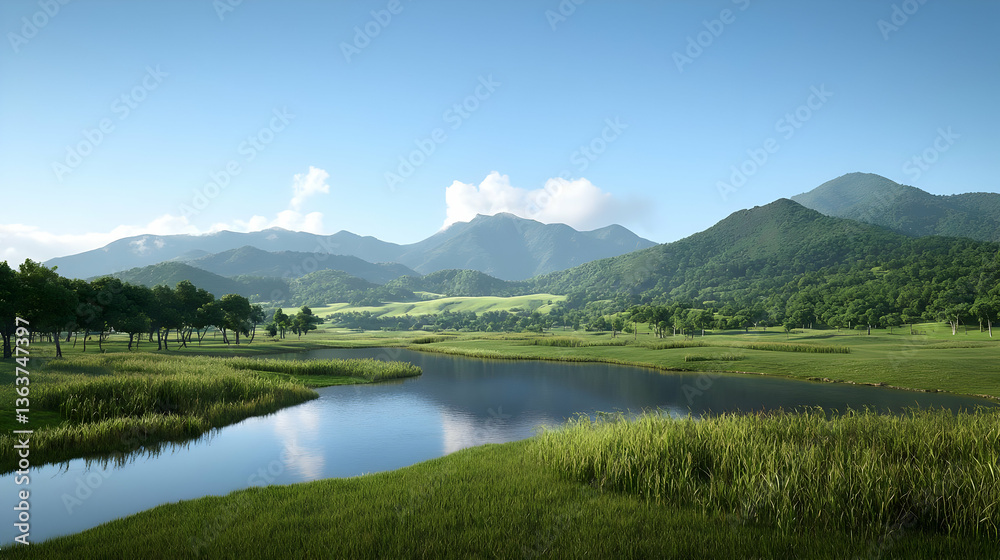 Panoramic View Of Lush Green Landscape With Mountains River And Blue Sky Panoramic View Of Lush Green Landscape With Mountains River And Blue Sky