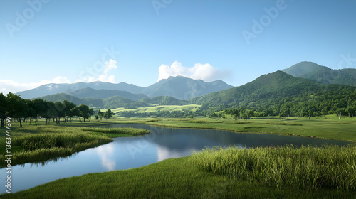 Panoramic View Of Lush Green Landscape With Mountains River And Blue Sky