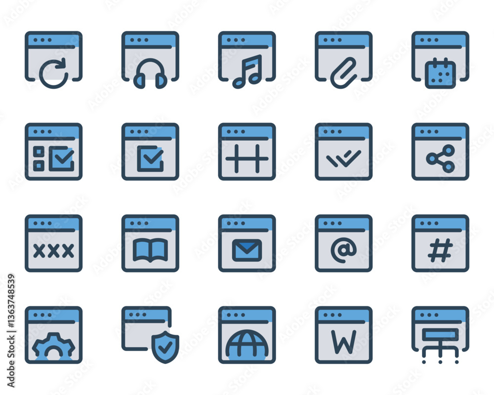 Filled blue outline icons set for Webpages, websites, browser, window. Filled blue outline icons set for Webpages, websites, browser, window.