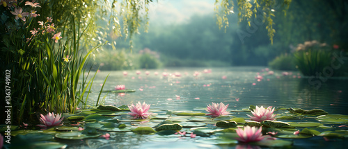 Étang printanier paisible avec nénuphars et nature luxuriante