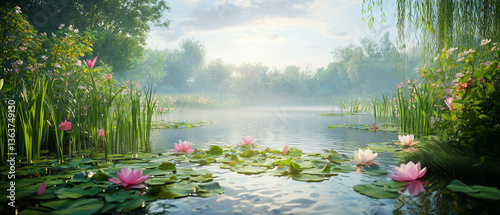 Étang printanier paisible avec nénuphars et nature luxuriante