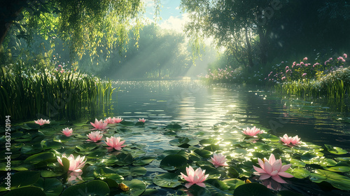 Étang printanier paisible avec nénuphars et nature luxuriante