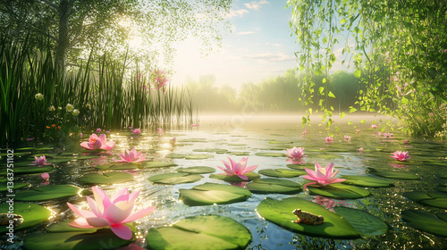 Étang printanier paisible avec nénuphars et nature luxuriante