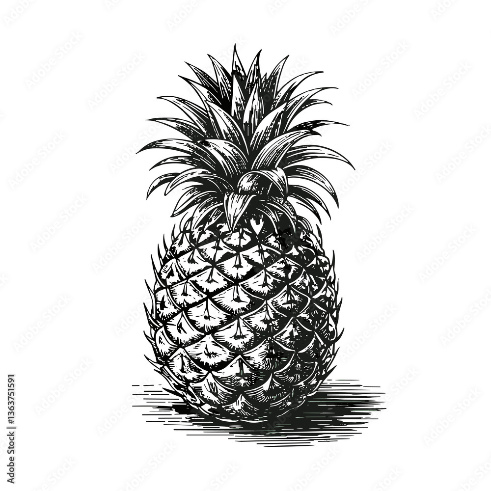 Obraz premium Pineapple Engraving, black and white, tropical fruit illustration