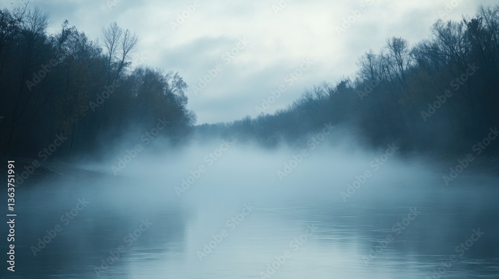 Fototapeta premium Misty river landscape at dawn, with trees silhouetted by thick fog rolling across the water
