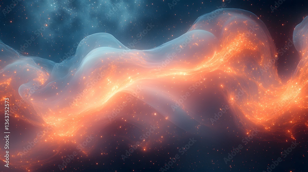 Obraz premium A glowing cosmic wave of orange and blue light swirling through a dark space background.