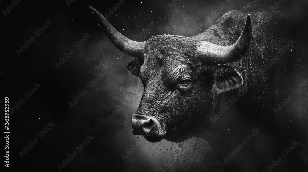 Naklejka premium Powerful bull portrait, dark background, dust clouds, financial strength concept