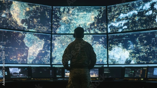 Cybersecurity expert overseeing global digital landscape in a military operation