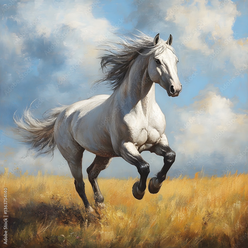 painting of a white horse running in a field with a cloudy sky painting of a white horse running in a field with a cloudy sky