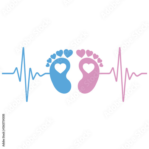 Illustration of pair of baby feet with heart beat pulse on white background.