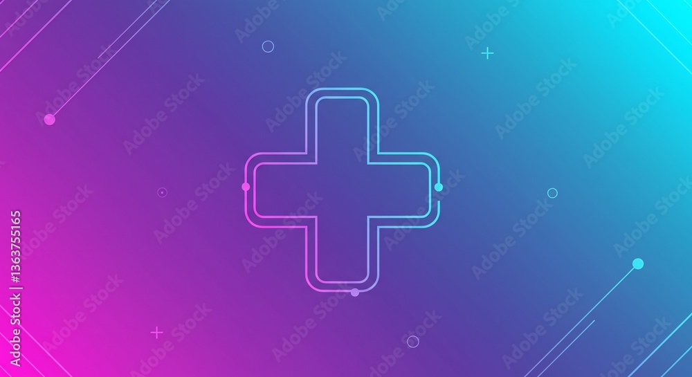 Fototapeta premium Vibrant gradient background with neon pink and teal hues forming a medical cross icon. Ideal for healthcare marketing, telemedicine, wellness branding, advanced medical apps, or futuristic design.