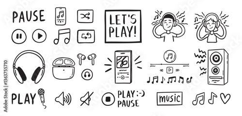 Audio music listening concept sound doodle hand drawn icon Set. Headphones interface buttons musical notes