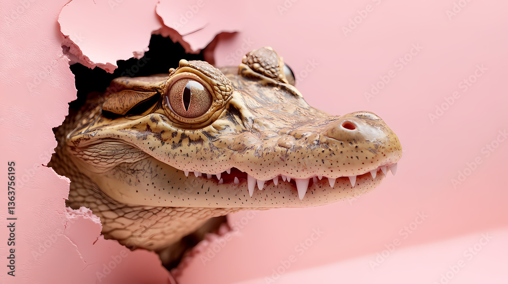 Obraz premium Alligator's Surprise: a close-up shot, a baby alligator peeks inquisitively through a ripped hole, its textured skin and sharp teeth contrasting against the soft pink background.