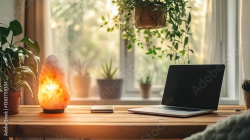 Cozy workspace by the window, with a salt lamp and plants