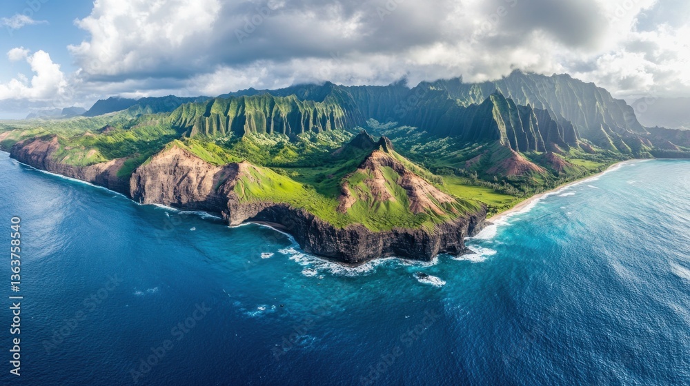 Naklejka premium Aerial view of dramatic Kauai coastline featuring towering cliffs and turquoise waters