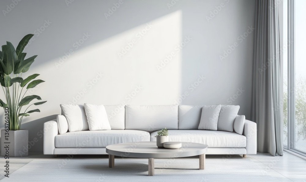 Fototapeta premium Modern minimalist living room interior with a white sofa and plant