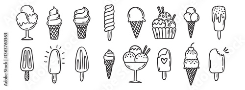 ice cream doodle hand drawn icon set. Outline drawing ice cream line clipart symbol collection