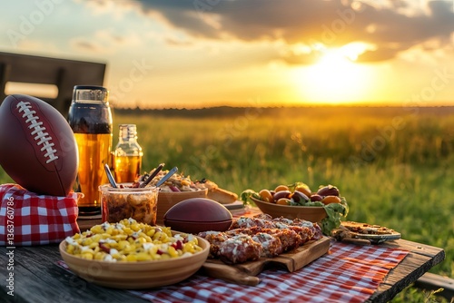 Sunset Picnic Football Game Tailgate Party Delicious Food Outdoors Summer Golden Hour American Football Game Day Celebration Festive Meal Backyard Gathering Friends Family Enjoying Tasty Dishes       