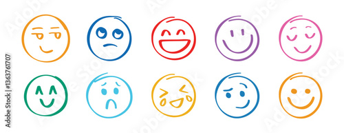 Human emotions smiley doodle hand drawn set. Funny hand drawn faces abstract collection. Cute expression, angry or sad comic communication