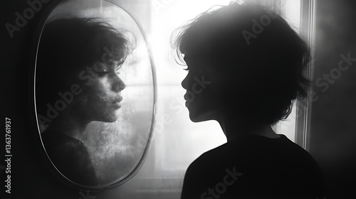 A person observes their reflection in an oval shaped mirror