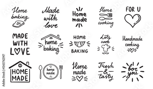 Home cooking, home baking or made with love, old style kitchen lettering, food and cooking set. Home made doodle simple ink or pen outline emblems