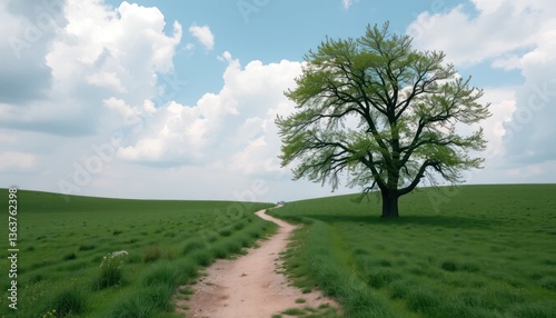 Lush Green Field Path with Majestic Tree