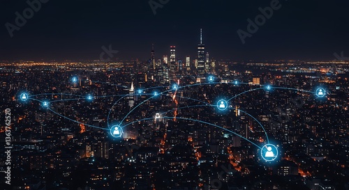 Wallpaper Mural Connecting People in Cityscape Network at Night with Glowing Blue Lines Torontodigital.ca