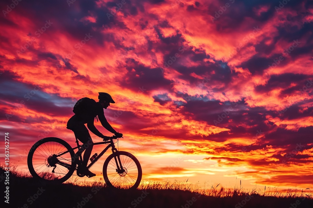 Fototapeta premium Silhouette Cyclist Mountain Bike Sunset Dramatic Fiery Sky Intense Colors Vivid Red Orange Hues Adventurous Rider Sporty Active Lifestyle Extreme Outdoor Recreation Stunning Nature Landscape