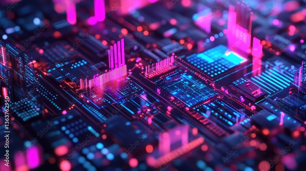 Fototapeta premium Neon-lit financial dashboard showcasing seamless e-commerce transactions, AI-driven payment insights, and secure encryption.