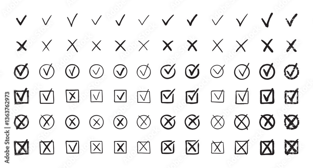 Check marks hand drawn doodle set. tick, cross signs for checkbox, checklist, v and x in sketch set.