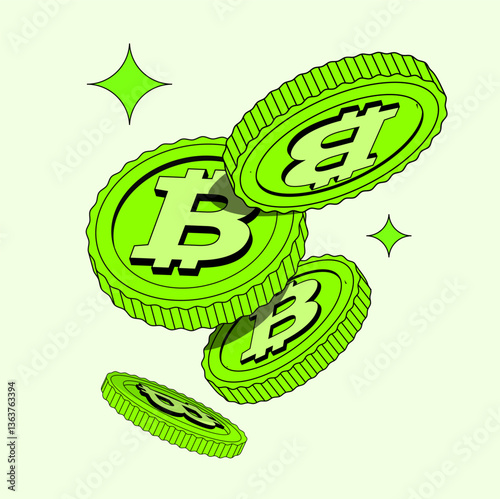 Bitcoin with a bold symbol. Bright 3D money in a retro Y2K style flies around, representing cryptocurrency, fintech, and blockchain in a dynamic, digital economy concept.