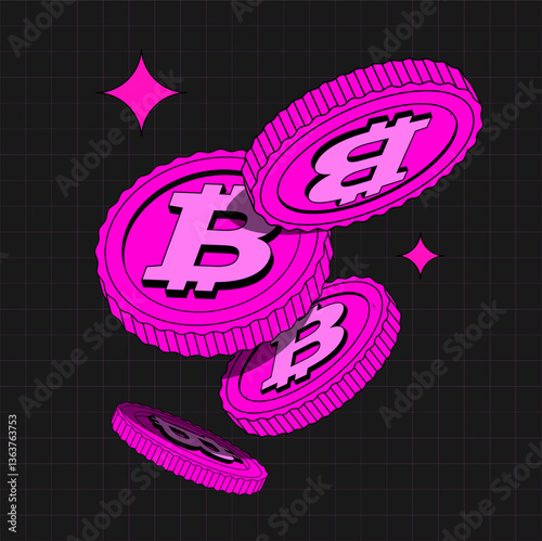 Bright pink 2D Bitcoin in flat cartoon style. Isolated illustration of currency. Flying coins or Money. Flat, Cryptocurrency. Fintech Blockchain. Currencies Isolated. Illustration in Retro y2k style.
