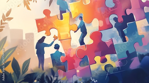 People working together on a collaborative team puzzle illustration
