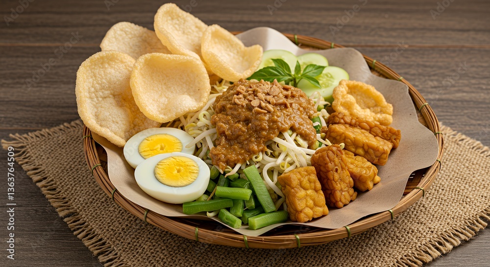 Naklejka premium Delicious Indonesian Gado-Gado Platter with Crispy Crackers and Eggs